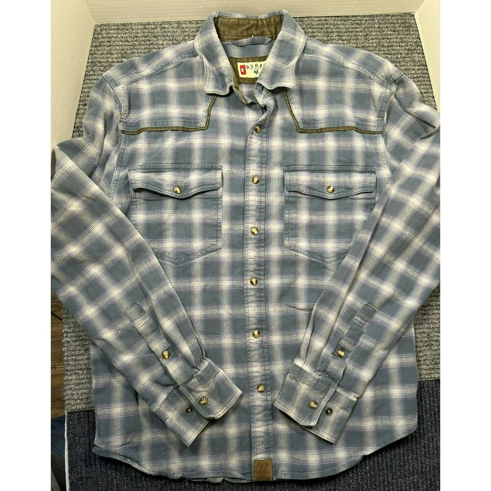 Rural Cloth Plaid Heavyweight Flannel Shirt W/ Leather Collar Snap Front Western
